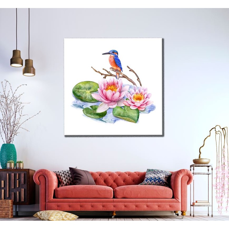 Square Canvas Kingfisher & Flower Painting High Quality Print 100% Australian Made
