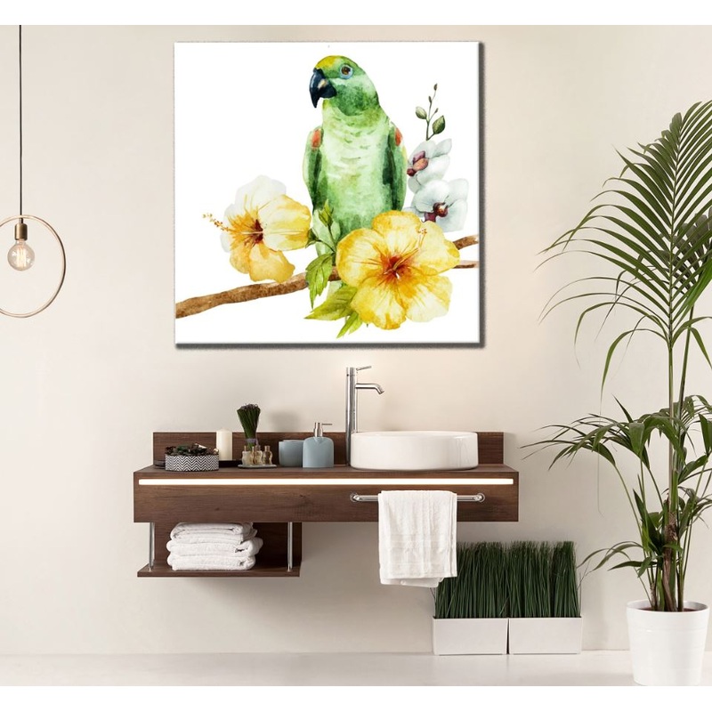 Square Canvas Parrot & Flowers Watercolor Painting High Quality Print 100% Australian Made
