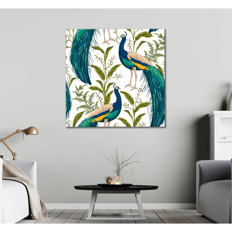 Square Canvas Peacocks & Leaves Painting High Quality Print 100% Australian Made