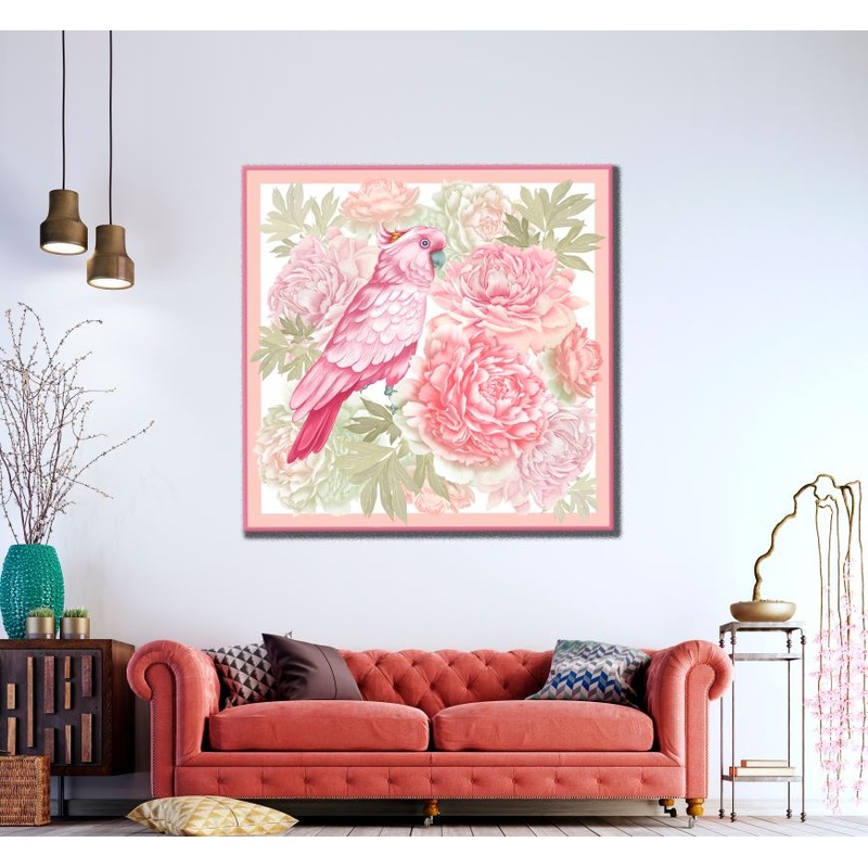 Square Canvas Pink Parrot & Flowers Painting High Quality Print 100% Australian Made