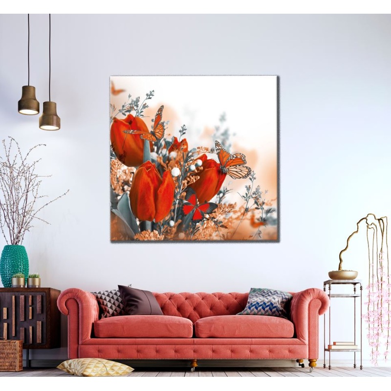 Square Canvas Red Flowers & Butterflies High Quality Print 100% Australian Made