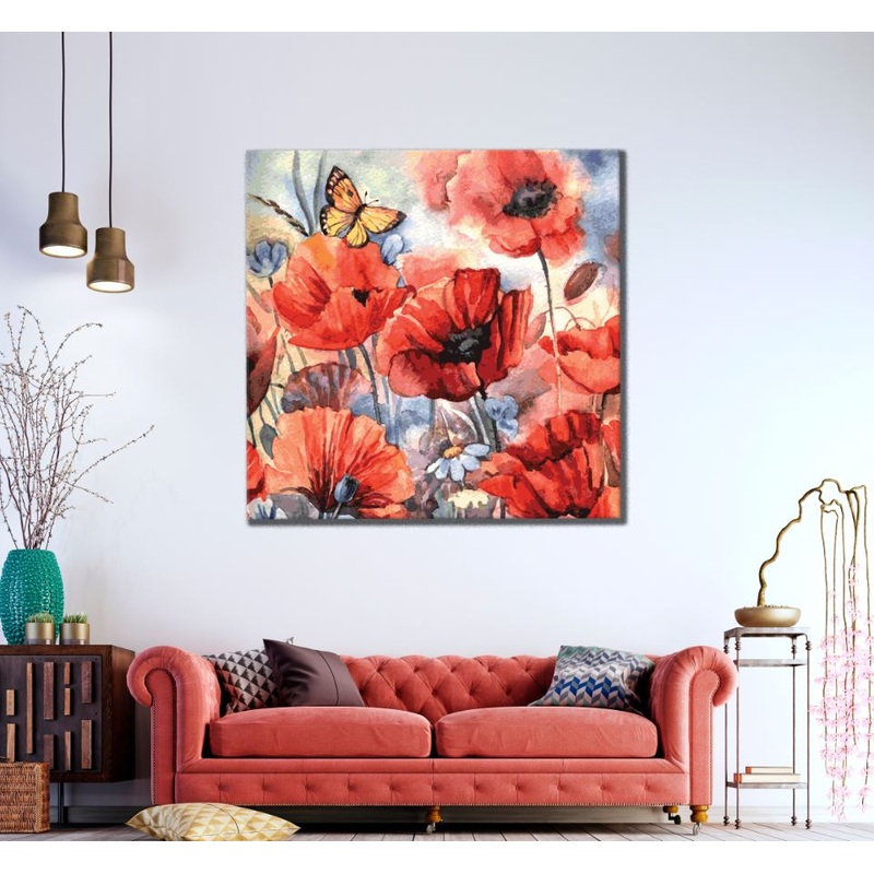Square Canvas Red Flowers & Butterflies Watercolor Painting High Quality Print 100% Australian Made