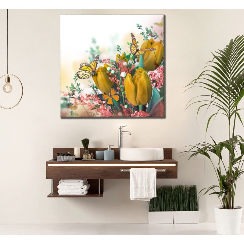Square Canvas Yellow Flowers & Butterflies High Quality Print 100% Australian Made