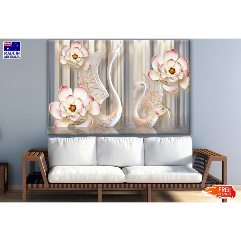 Swans & Flowers Pink & Gold 3D Design Print 100% Australian Made