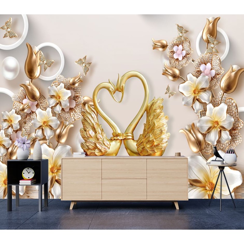 Wallpaper Murals Peel and Stick Removable 3D Gold Peacocks & Flowers Design High Quality