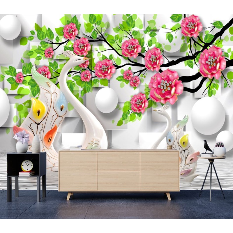 Wallpaper Murals Peel and Stick Removable 3D Swans & Floral Design High Quality