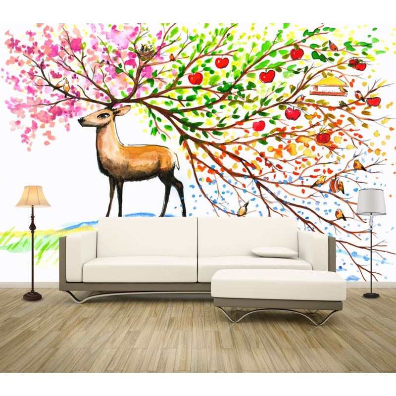 Wallpaper Murals Peel and Stick Removable Colorful Tree on Deer Head Painting High Quality