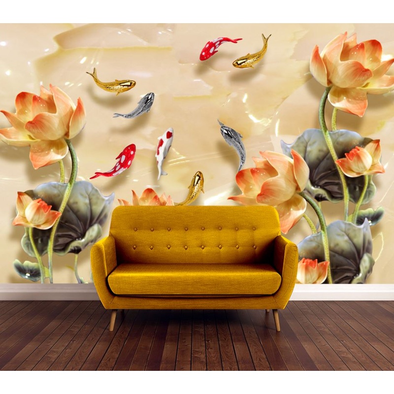Wallpaper Murals Peel and Stick Removable Flowers & Fish 3D Design High Quality