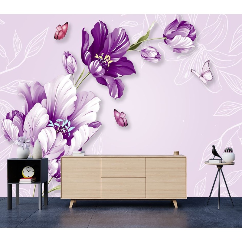 Wallpaper Murals Peel and Stick Removable Purple Floral & Butterfly Design High Quality
