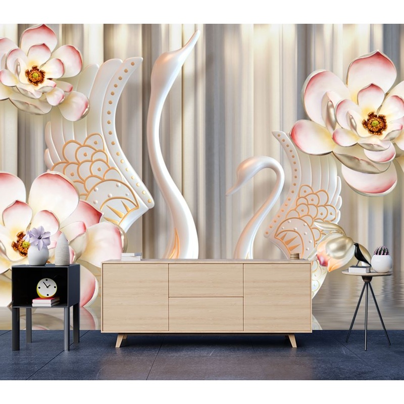 Wallpaper Murals Peel and Stick Removable Swans &  Floral Design High Quality