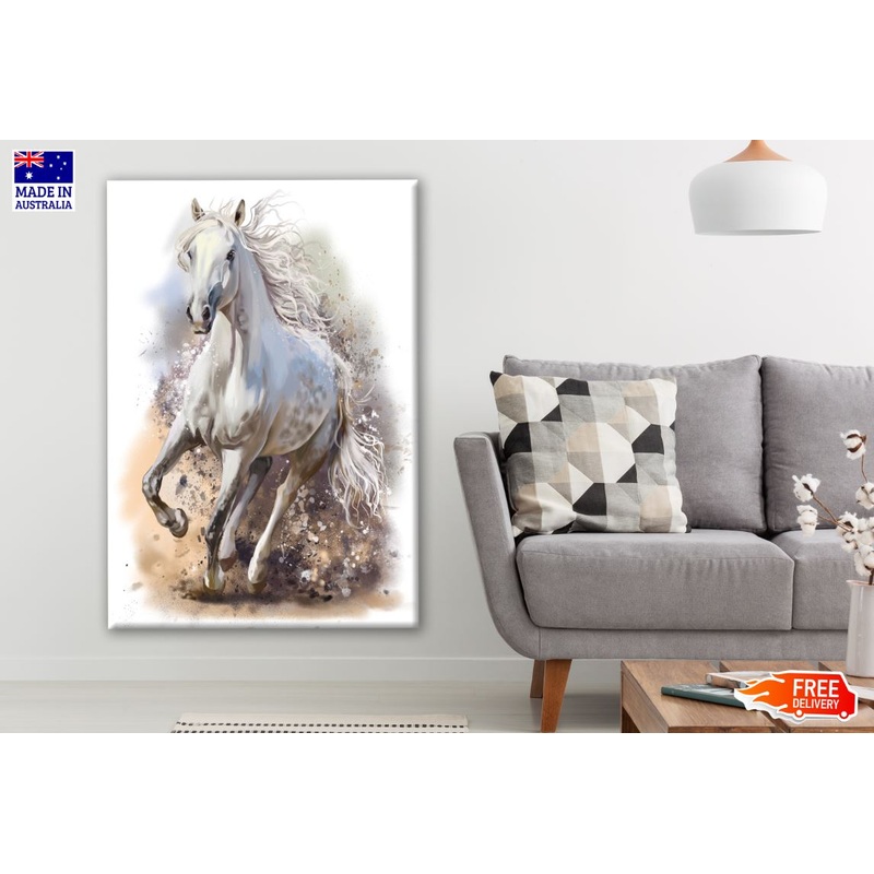White Horse Running Watercolor Painting Print 100% Australian Made