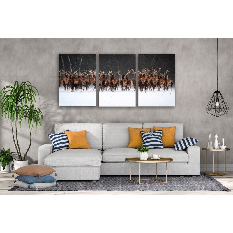 3 Set of Deer Herd Walking on Snow Ground Photograph High Quality Print 100% Australian Made Wall Canvas Ready to Hang
