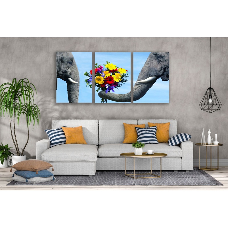 3 Set of Elephant Couple & Flower Bouquet Photograph High Quality Print 100% Australian Made Wall Canvas Ready to Hang