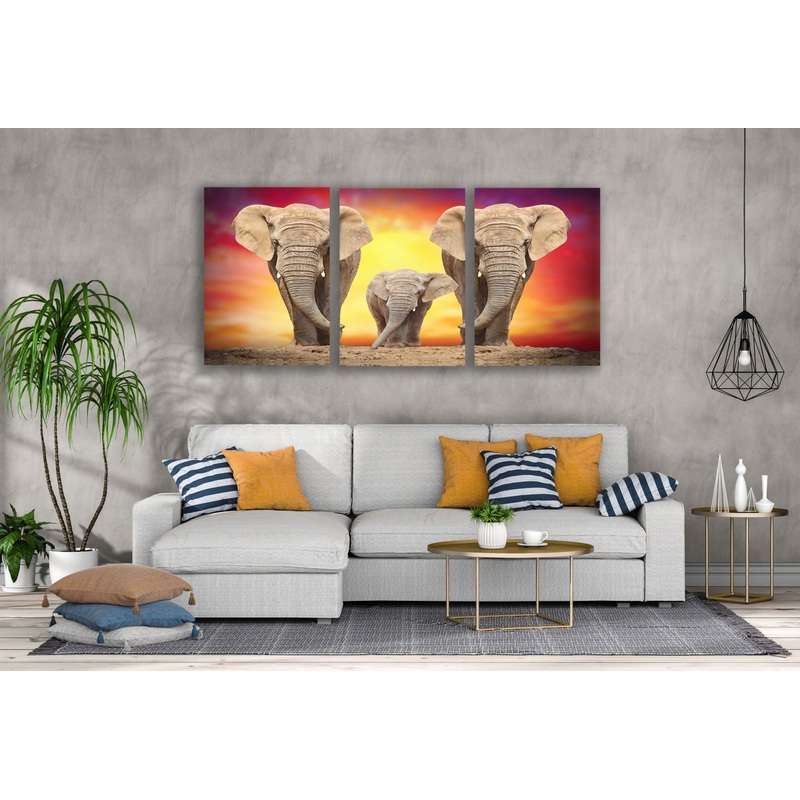 3 Set of Elephants Family Walking at Sunset Photograph High Quality Print 100% Australian Made Wall Canvas Ready to Hang