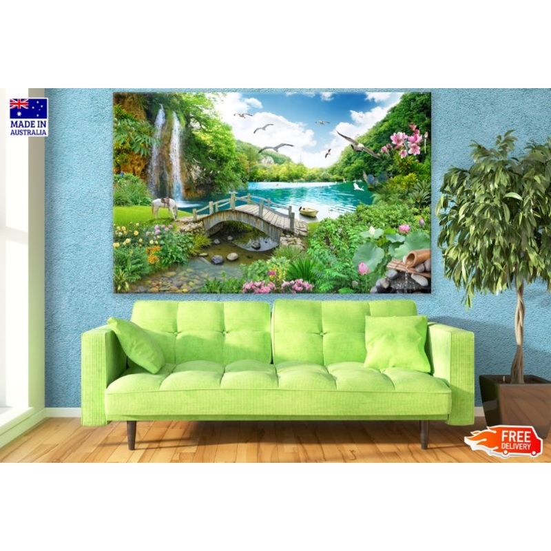 Animals & Waterfall Stunning Nature Scenery Photograph Print 100% Australian Made