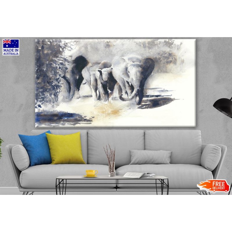 B&W Elephants Walking in Forest Watercolor Painting Print 100% Australian Made