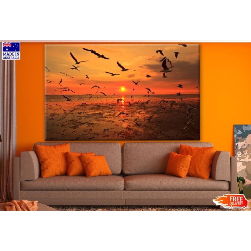 Birds Flying Over Beach at Sunset Photograph Print 100% Australian Made