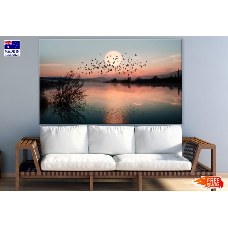 Birds Flying Over Lake at Sunset Photograph Print 100% Australian Made
