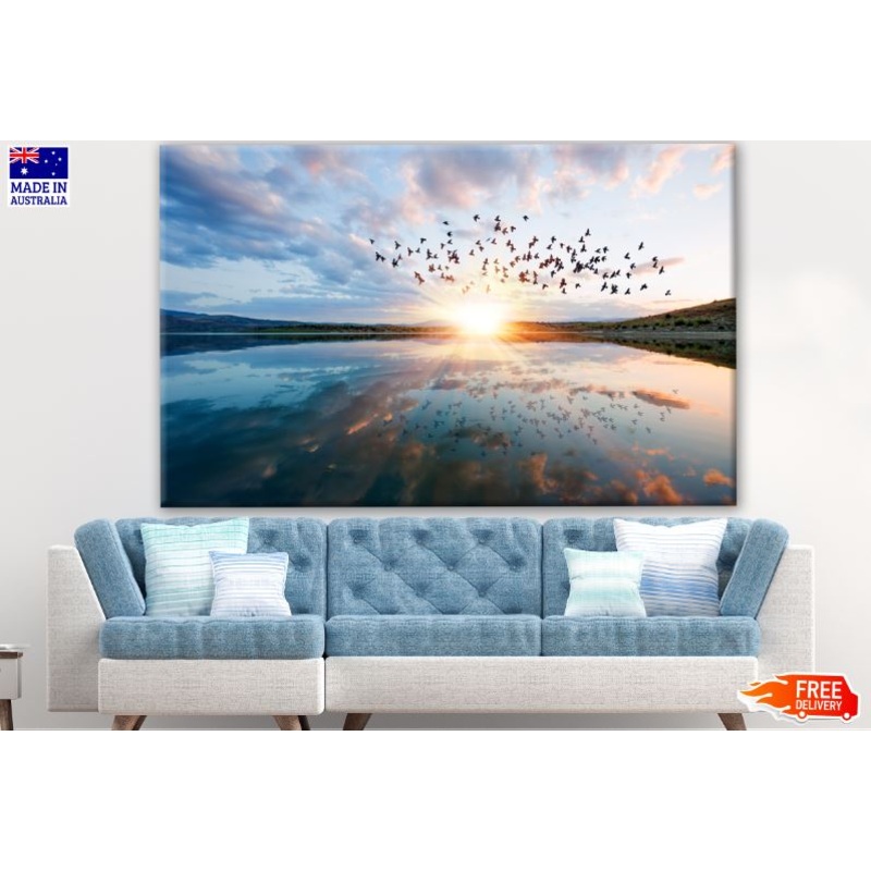 Birds Flying Over Lake at Sunset Stunning Photograph Print 100% Australian Made