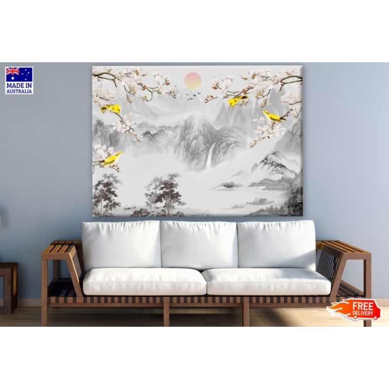 Birds & Mountain B&W Painting Print 100% Australian Made