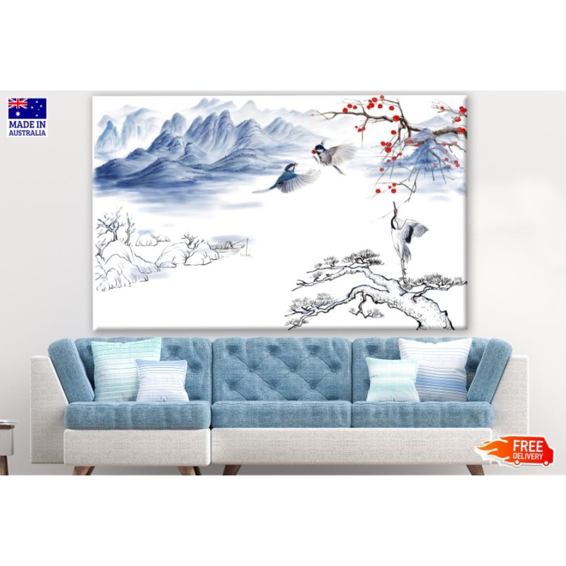 Birds on Tree with Mountain View Watercolor Painting Print 100% Australian Made