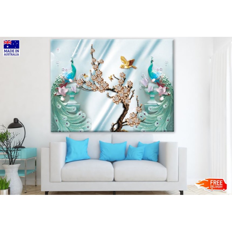 Colorful Peacocks & Flowers 3D Design Print 100% Australian Made