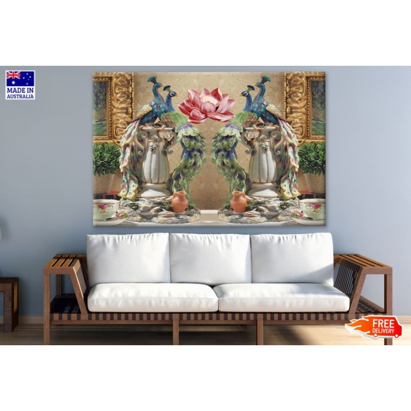 Colorful Peacocks & Flowers Painting Print 100% Australian Made