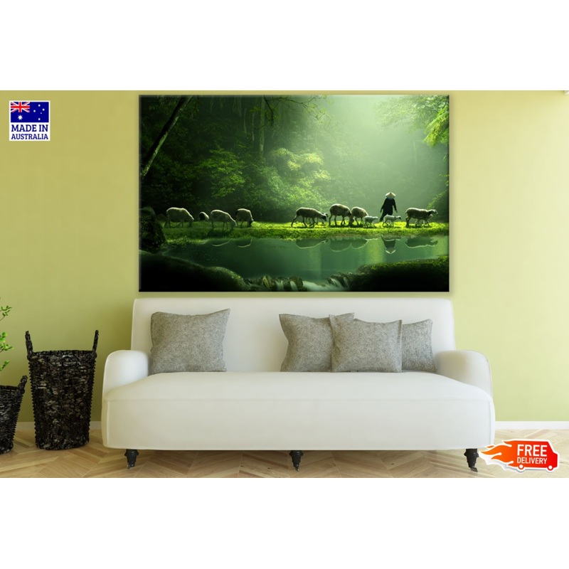 Sheeps & Shepherd Near Lake Print 100% Australian Made