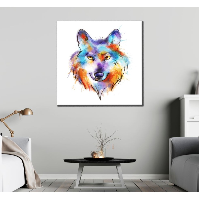 Square Canvas Colorful Wolf Portrait Watercolor Painting High Quality Print 100% Australian Made