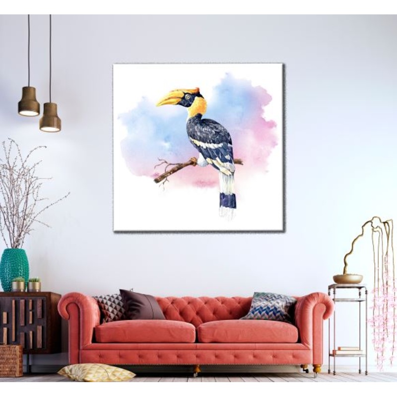 Square Canvas Great Hornbill Bird Watercolor Painting High Quality Print 100% Australian Made