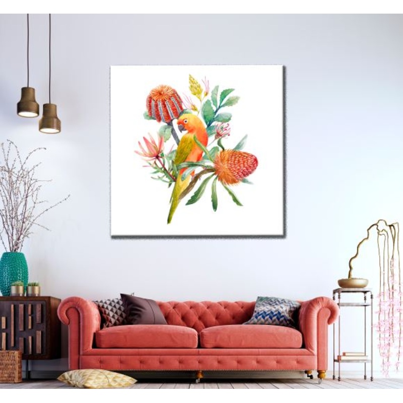 Square Canvas Parrot on a Flower Tree Watercolor Painting High Quality Print 100% Australian Made