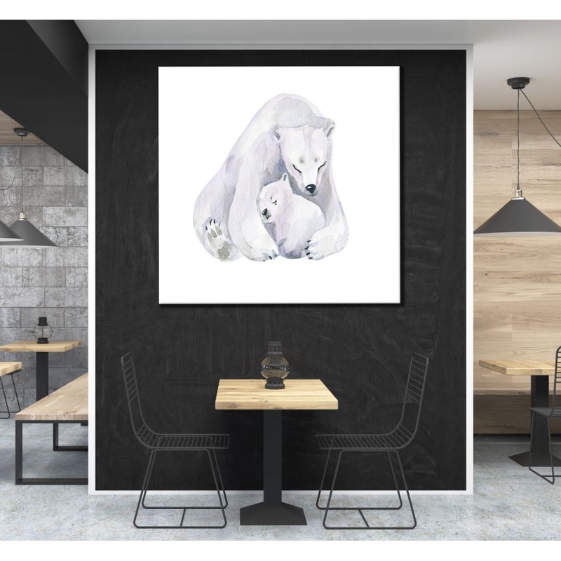 Square Canvas Polar Bear & Baby B&W Drawing High Quality Print 100% Australian Made