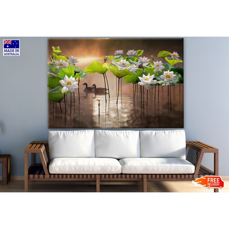 White Lotus Flowers on Lake Photograph Print 100% Australian Made