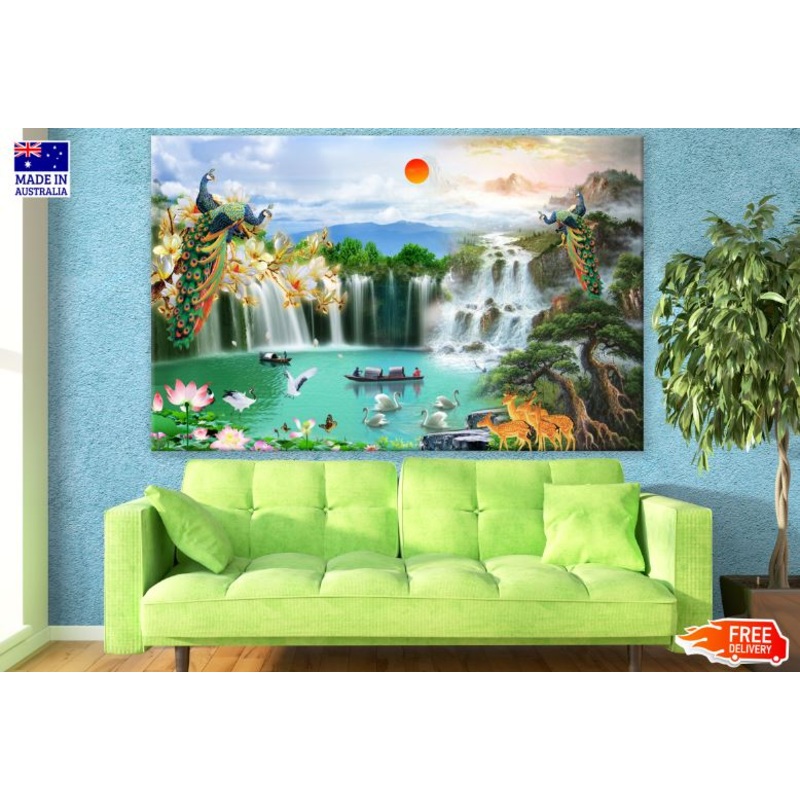 Birds & Waterfall Landscape Scenery Painting Print 100% Australian Made