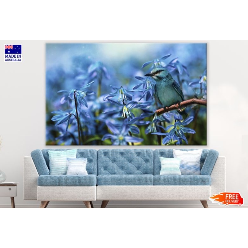 Blue Bird & Blue Flowers Closeup Photograph Print 100% Australian Made