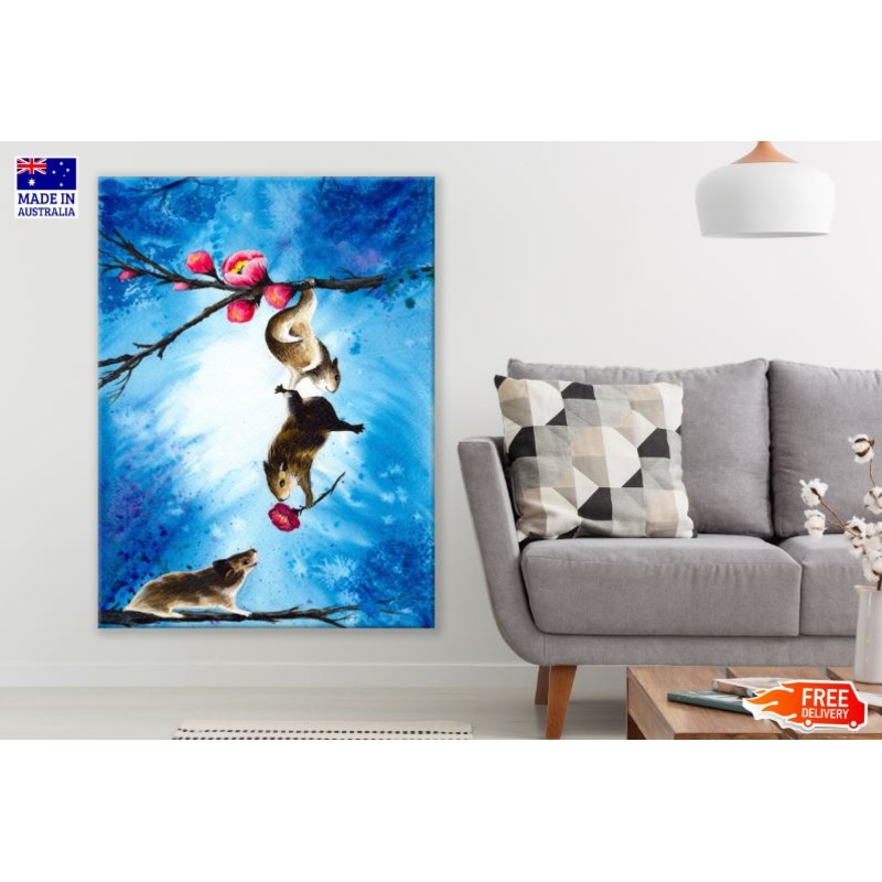 Chipmunks Holding a Pink Flower Watercolor Painting Print 100% Australian Made