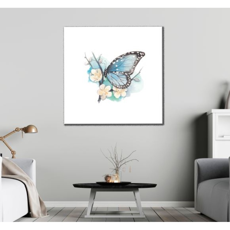 Square Canvas Blue Butterflies & White Flowers Watercolor Painting High Quality Print 100% Australian Made