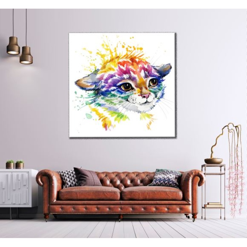 Square Canvas Cat Portrait Abstract Watercolor Painting High Quality Print 100% Australian Made