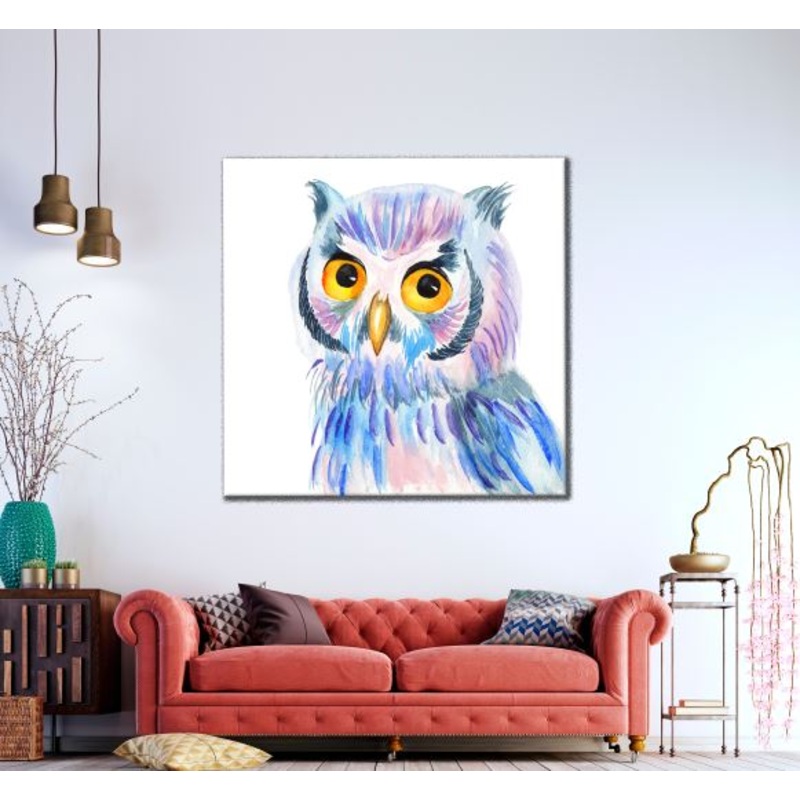 Square Canvas Colorful Owl Portrait Watercolor Painting High Quality Print 100% Australian Made