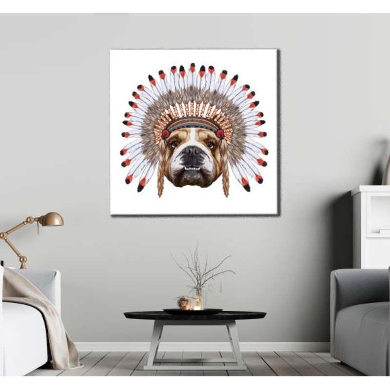 Square Canvas Dog Portrait with Feather Headdress Watercolor Painting High Quality Print 100% Australian Made