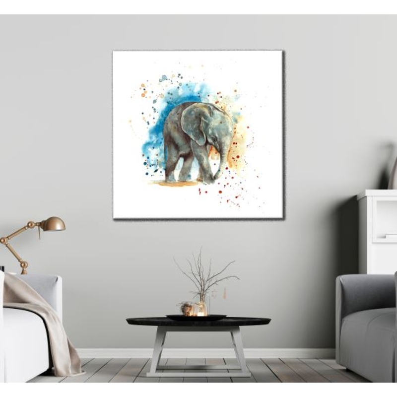 Square Canvas Elephant & Abstract Background Watercolor Painting High Quality Print 100% Australian Made