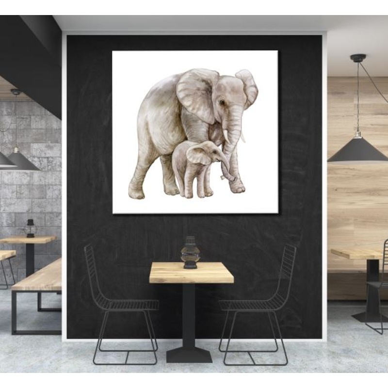 Square Canvas Elephant & Baby Watercolor Painting High Quality Print 100% Australian Made