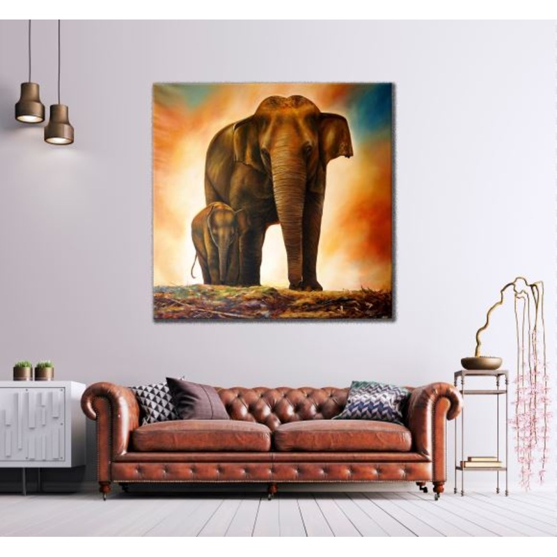 Square Canvas Elephants & Baby Watercolor Painting High Quality Print 100% Australian Made