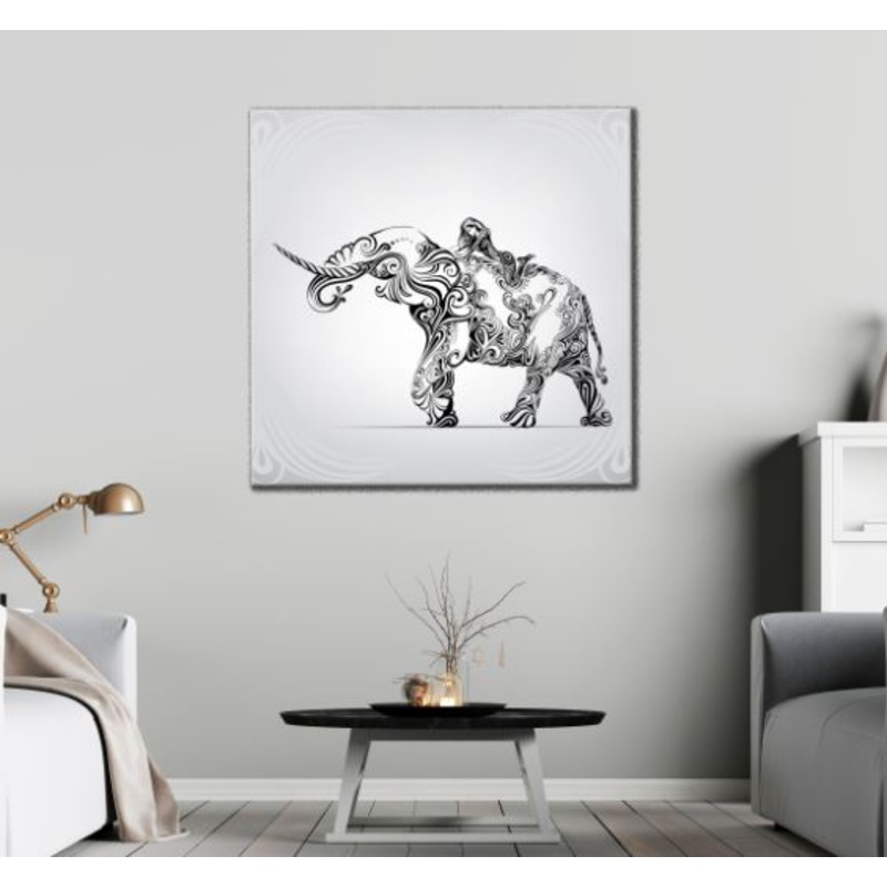 Square Canvas Girl on Elephant B&W Line Art Design High Quality Print 100% Australian Made