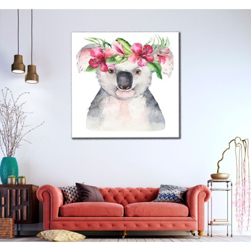 Square Canvas Koala Bear with Floral Headdress Watercolor Painting High Quality Print 100% Australian Made