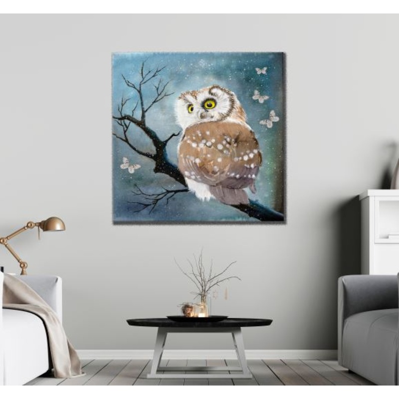 Square Canvas Owl on a Tree Watercolor Painting High Quality Print 100% Australian Made