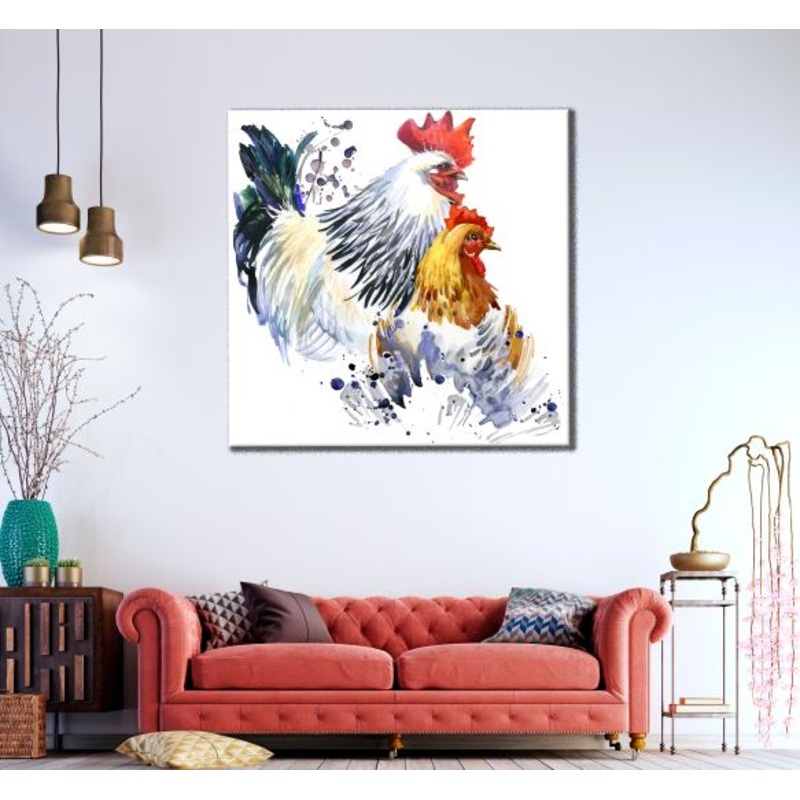 Square Canvas Rooster & Hen Watercolor Painting High Quality Print 100% Australian Made