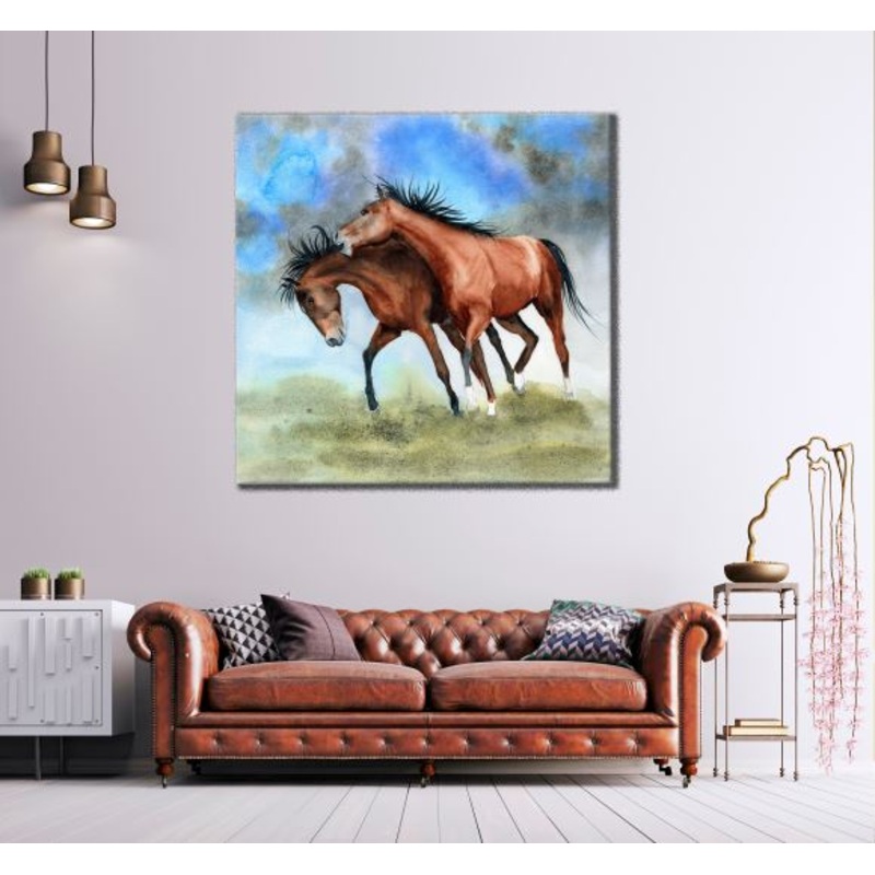 Square Canvas Running Horses Watercolor Painting High Quality Print 100% Australian Made