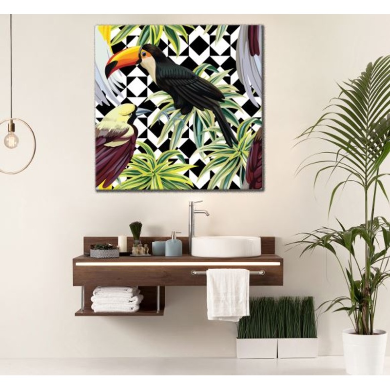 Square Canvas Toucan & Parrot with Green Leaves Digital Design High Quality Print 100% Australian Made