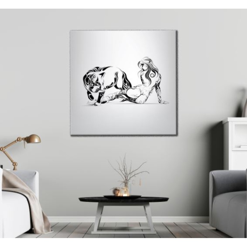 Square Canvas Wolf & Girl B&W Line Art Design High Quality Print 100% Australian Made